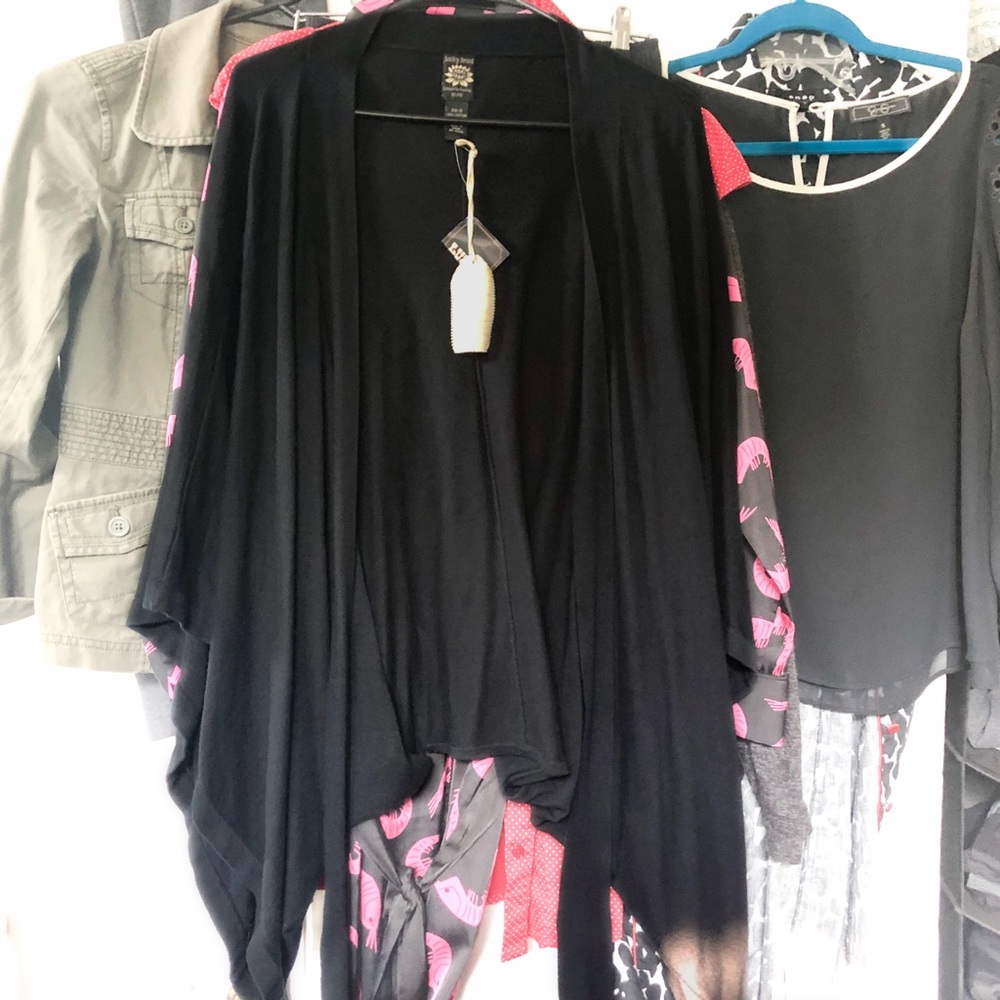 NWT LUCKY BRAND Black 2-Way Kimono/Poncho Batwing Oversized Shrug/Cardigan SM-MD